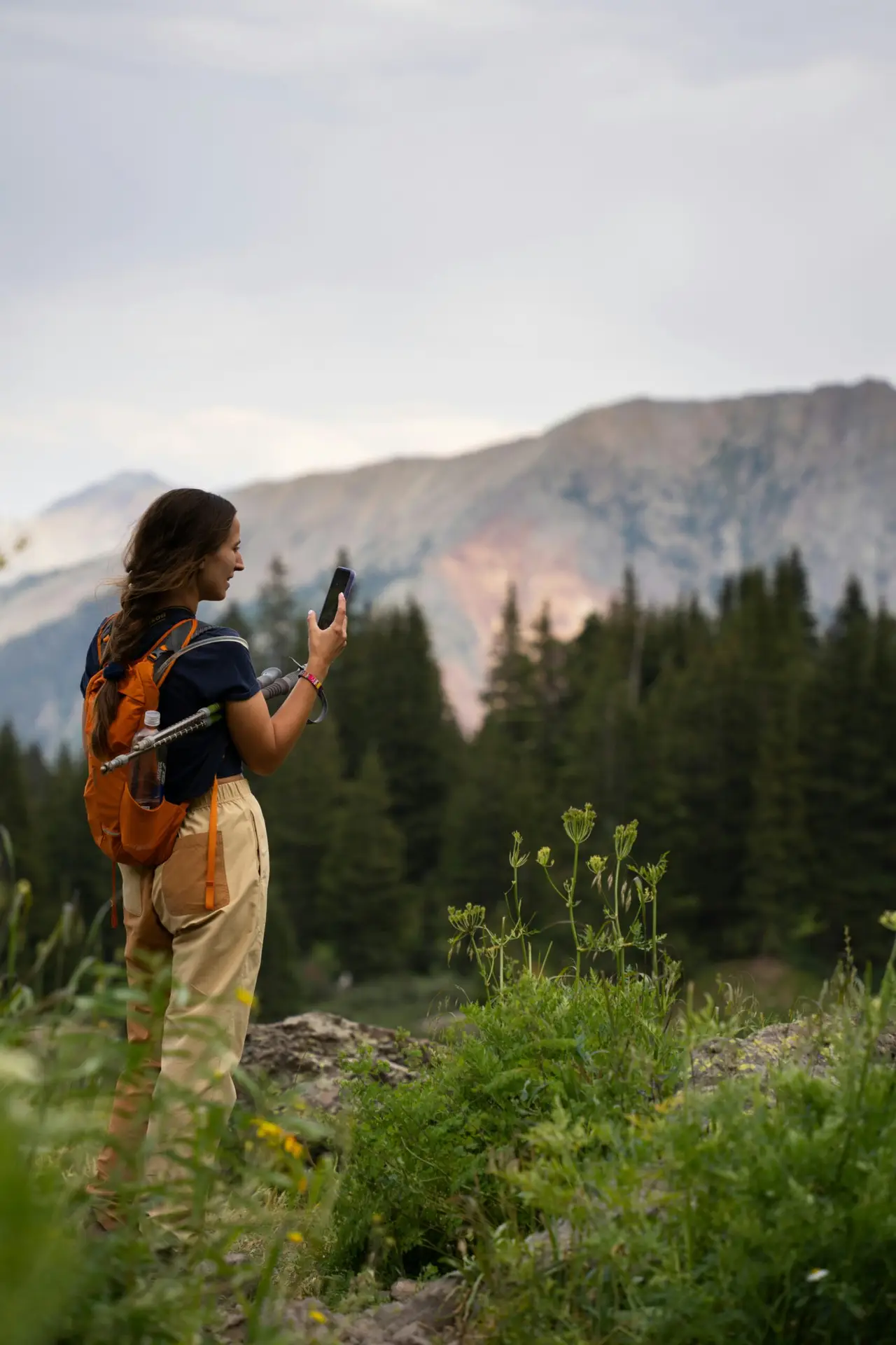 Voyageuse consultant son téléphone pendant une randonnée en montagne
